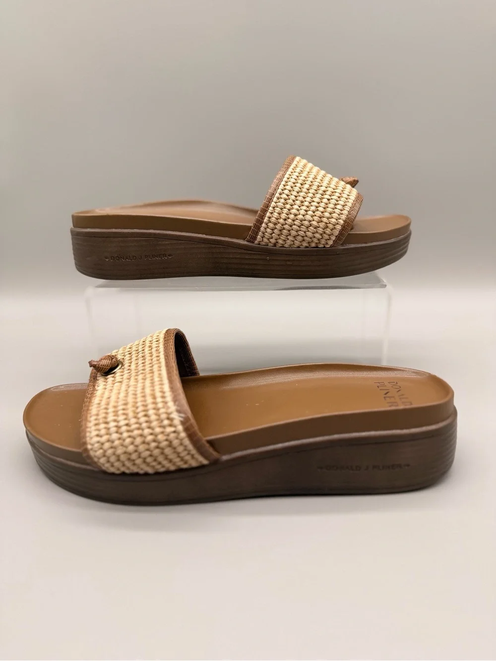Donald J. Pliner Brown Slide Sandals with Woven Cream Strap FARRAH